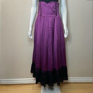 Purple black corset style satin pleated maxi skirt with lace accents